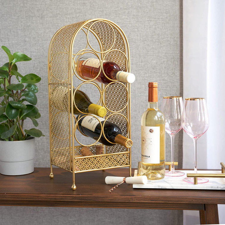 Rosdorf Park Lawton 7 Bottle Floor Wine Bottle & Glass Rack in Gold